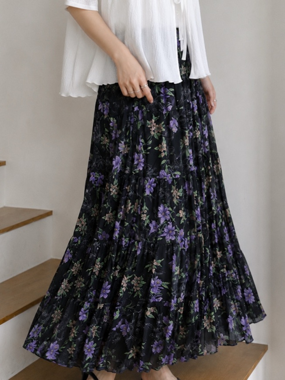 Ralph Lauren Floral-Print Tiered Georgette Peasant Maxi Skirt Black & Purple 8